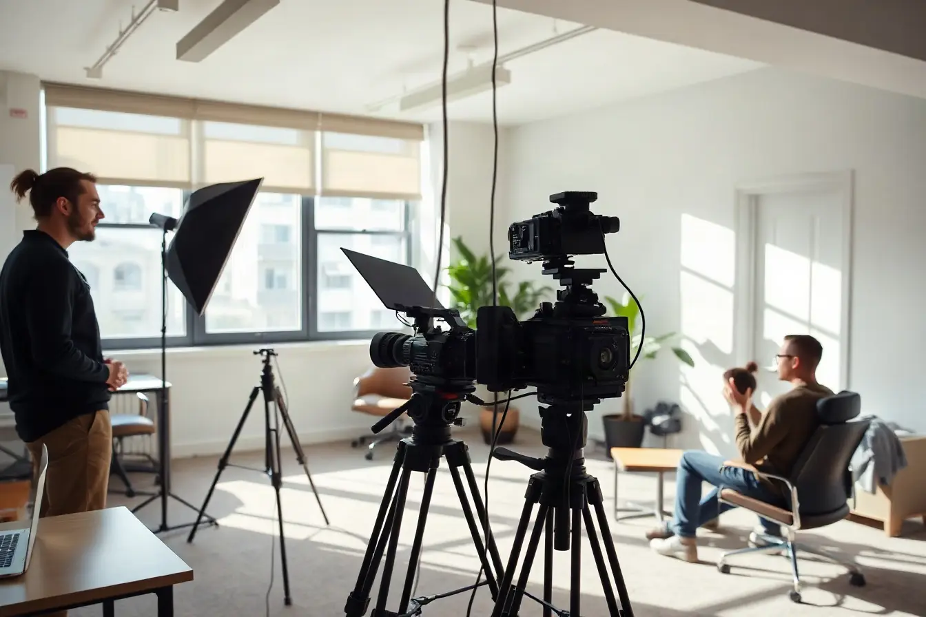 A small video crew filming a client interview in a sunlit San Francisco office