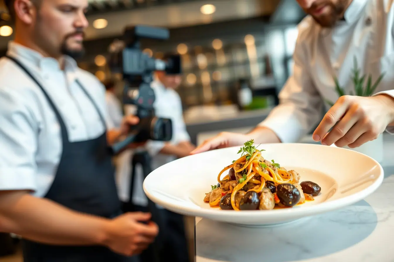 Chef plating a dish while a videographer films a close-up